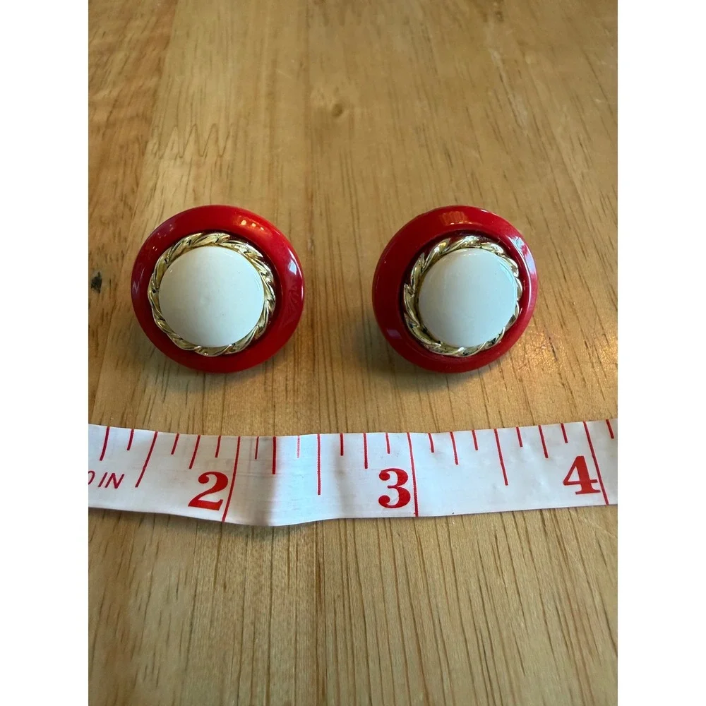 Vintage Red White Gold Tone Rope Border Button Post Earrings Oversized Studs